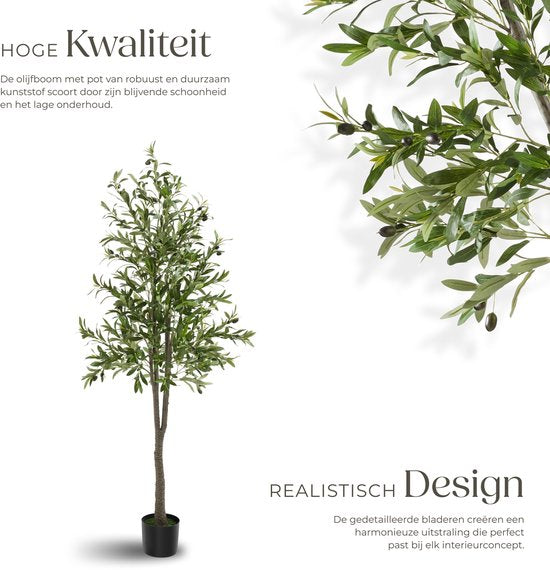 tectake® Olivier artificiel Oleand - Plante artificielle méditerranéenne avec feuilles et olives réalistes - Facile d'entretien et polyvalent - Pot de fleurs robuste inclus - Hauteur : 180 cm