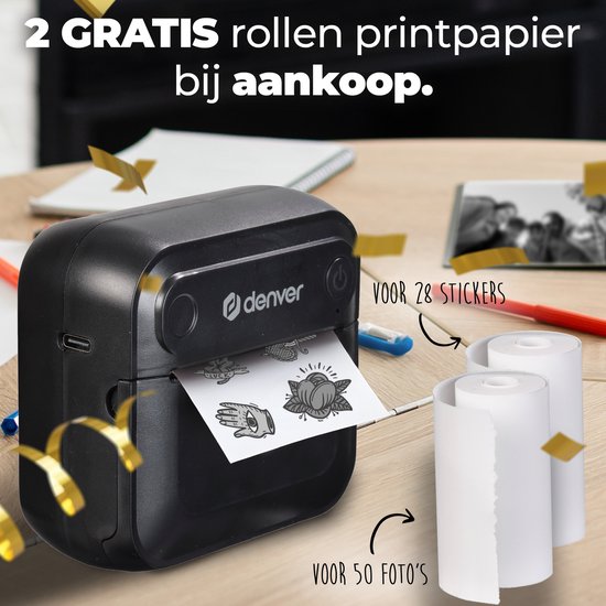 Denver Mini Pocket Printer - Imprimante d'autocollants - Papier thermique - Bluetooth - Imprimante photo mobile - MBP32B