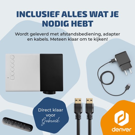 Denver Mini Beamer - Full HD 1920*1080P - 30 ANSI Lumen - Projecteur - Home Cinema - HDMI - USB-C - PR1000