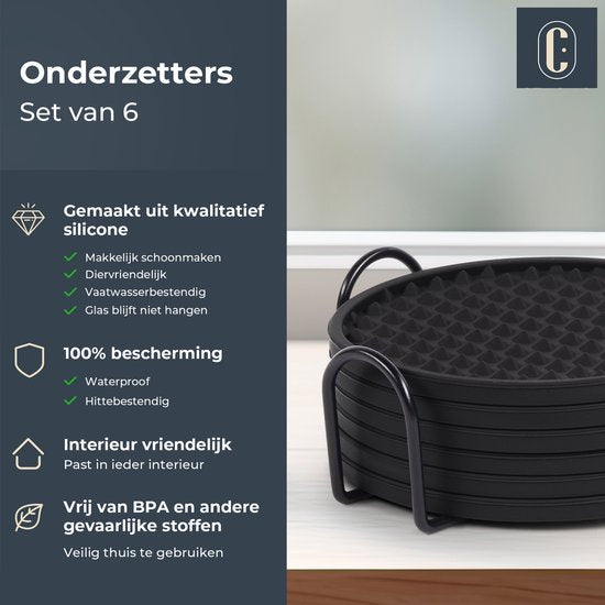 Castagnola Sous-verres en silicone - Sous-verres pour verres - Sous-verres design avec support - Set de sous-verres - Antidérapant - Lot de 6 - Noir