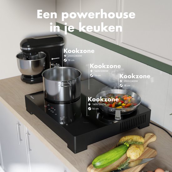 KitchenBrothers Table de cuisson à induction - Table de cuisson à induction autoportante - 60 cm - 4 zones - 1 phase - jusqu'à 2400W - noir
