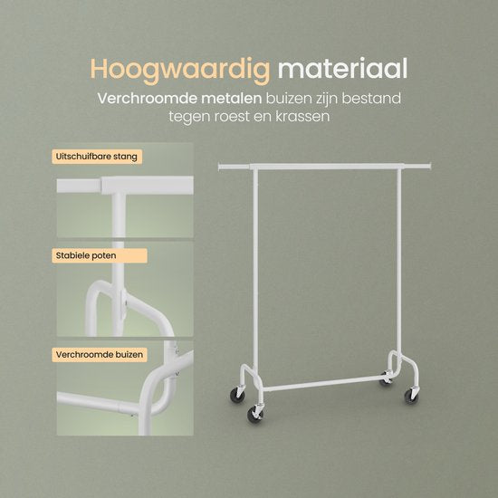 O'DADDY® Porte-vêtements sur 4 grandes roues - Capacité jusqu'à 130 kg - Réglable et extensible - Métal chromé inoxydable - Assemblage facile - Blanc