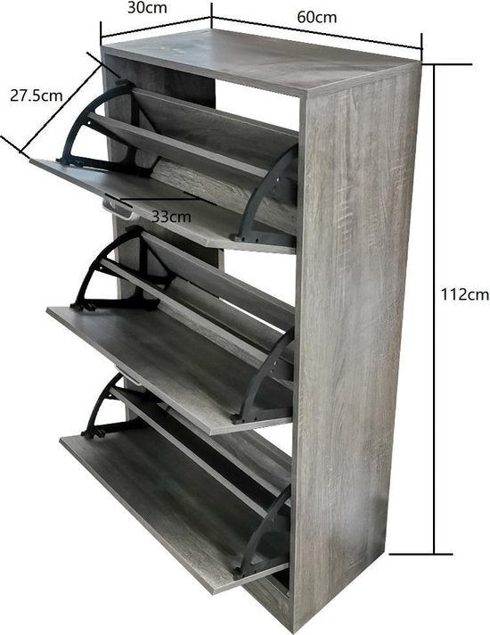 Meuble à chaussures - étagère à chaussures - 3 compartiments avec portes à rabat - gris brun