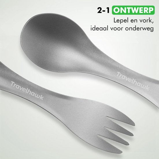 Travelhawk Spork - Couverts de camping en titane - Fourchette et cuillère en un - Couverts pour les déplacements et les voyages - Léger - 2 pièces - Sac de transport inclus