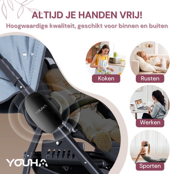 Youha Baby Rocker - Berce automatiquement votre landau ou poussette - Bascule mains libres - Berceuse pour landau - Aide au sommeil de bébé - 5 modes de berceau - Pochette de rangement et câble de chargement inclus - couleur : noir