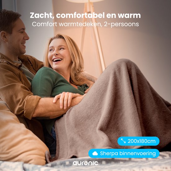 Couverture électrique Auronic - Couverture chauffante - Polaire Sherpa - 9 niveaux de chaleur et minuterie - Couverture - 200x180 - 2 personnes - Taupe