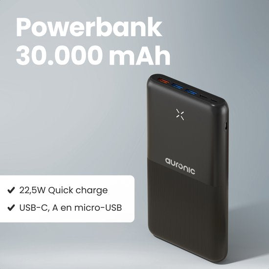 Auronic Powerbank 30 000 mAh - Charge rapide 22,5 W via USB-C, USB-A, Micro-USB - Câble inclus - Universel - Charge rapide - Pack d'urgence - Noir