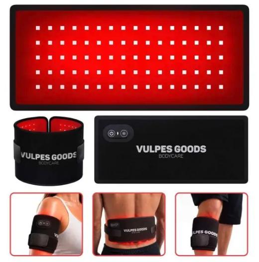 Vulpes Goods® - Bande infrarouge portable Pro V2 - 35 x 15 cm - 80 LED, 3 niveaux de gradation, batterie rechargeable 2000mAh et minuterie - Pour le dos, les épaules et les bras - Plastique et textile noir