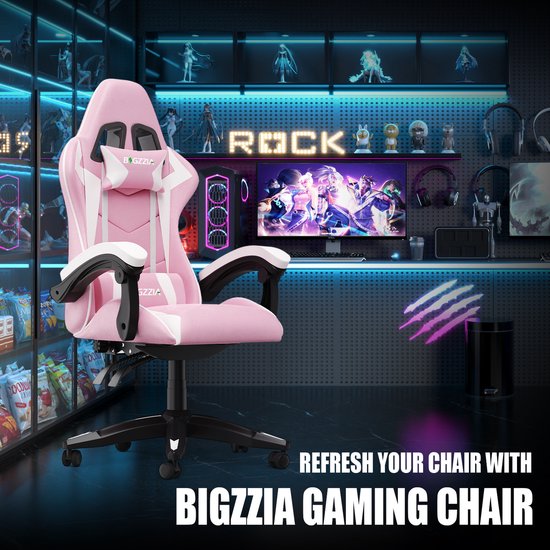 Fauteuil gaming Bigzzia - Fauteuil de bureau ergonomique en cuir PU - Réglable en hauteur - Avec coussin lombaire et appui-tête - Fauteuil gaming confortable pour adultes - Filles et garçons