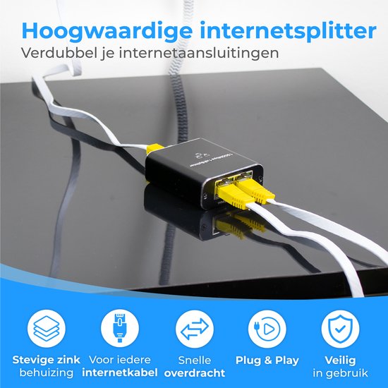Nuvance - Répartiteur Internet - 2 Ports - Commutateur réseau - jusqu'à 1000Mbps - Répartiteur réseau - RJ45, Cat5, Cat6, LAN, UTP, Répartiteur Ethernet - Noir