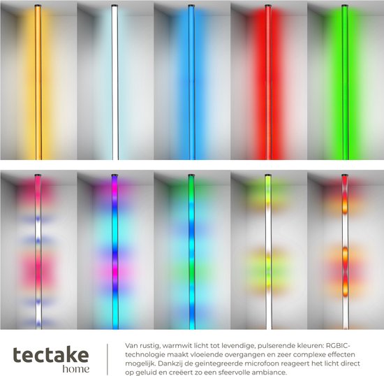 tectake® Smart LED Floor Lamp Spectra - Lampe d'angle avec 16 millions de couleurs - 200 effets lumineux - Lampadaire intelligent - 145 cm - Dimmable - Contrôlé par App, Télécommande, Bouton et Voix - Lampadaire de salon - Atmosphere Lighting