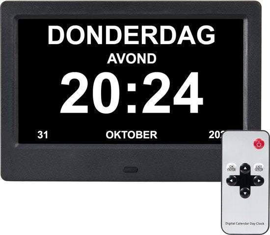 Brixy Dementia Clock - 24 fonctions d'alarme - télécommande incluse - fonction d'atténuation automatique - horloge calendrier - noir