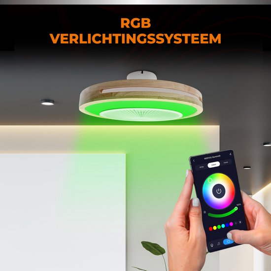 WERYOU® illuminAIR Ventilateur de plafond - Plafonnier - Ventilateur de plafond avec éclairage - Plafonnier - Lampe ventilateur - Lampe Led RGB - Télécommande incluse - Design bois