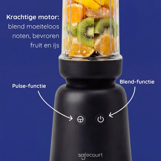 Safecourt Kitchen PureBlend - 1000W Smoothie maker - BPA free - includes to-go drinking lid + straw- Premium Tritan blend cups -Black