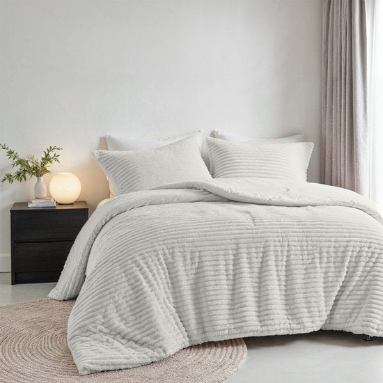 Zydante® Housse de couette Teddy Rib - 200x220 cm - Foggy Dew - avec 2 taies d'oreiller
