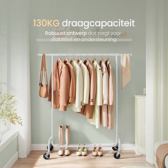 O'DADDY® Porte-vêtements sur 4 grandes roues - Capacité jusqu'à 130 kg - Réglable et extensible - Métal chromé inoxydable - Assemblage facile - Blanc