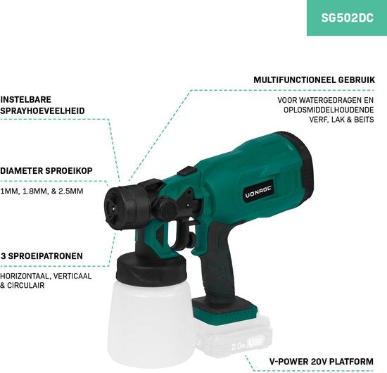 VONROC Accu pulvérisateur de peinture - VPower 20V - Sans batterie ni chargeur - Capacité 800 ml - Accessoires inclus