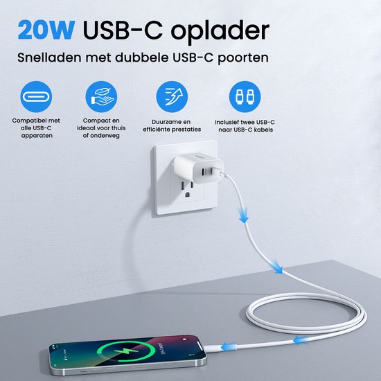 Chargeur USB C - 40W - avec 2x câble USB C vers USB C - Chargeur rapide - 2 ports de charge - Blanc - par Faas
