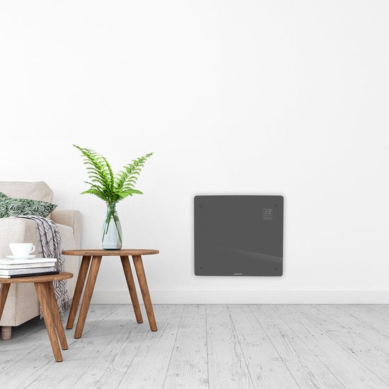Chauffage électrique de luxe VONROC - Convecteur avec panneau en verre - 500W/1000W - Chauffe les pièces jusqu'à 12m2 - Contrôlé par l'application (via Wifi) et manuellement - Thermostat et minuterie réglables - Gris