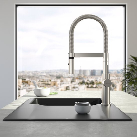 Villeroy & Boch Steel Expert 2.0 - Robinet de cuisine avec bec flexible et douchette extractible, acier inoxydable 928000LC