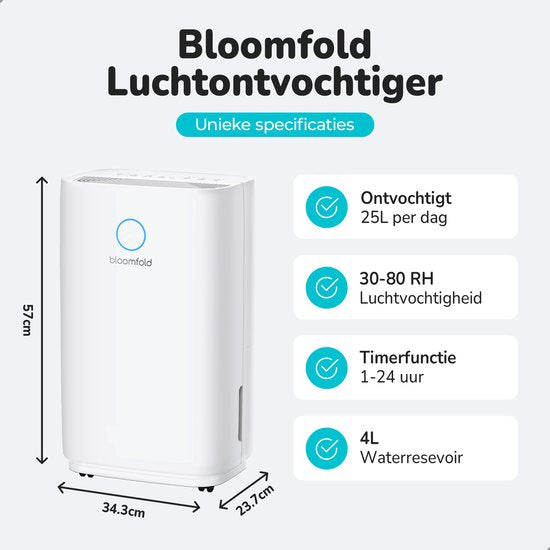 Déshumidificateur Bloomfold - 25L par jour - Fonction Lavage-Séchage incluse - Convient pour le salon, la chambre, la cave et la salle de bain - Déshumidificateur - Blanc