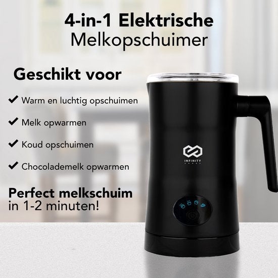 Infinity Goods Mousseur à lait électrique 4 en 1 - 350 ml - Mousse et chauffe - Cappuccino - Lavable au lave-vaisselle - Noir