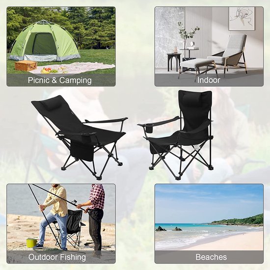 Chaise de camping, chaise pliante, chaise de pêche, chaise de plage légère, chaise pliante avec dossier, porte-gobelet, sac de rangement, capacité de charge de 150 kg, noir