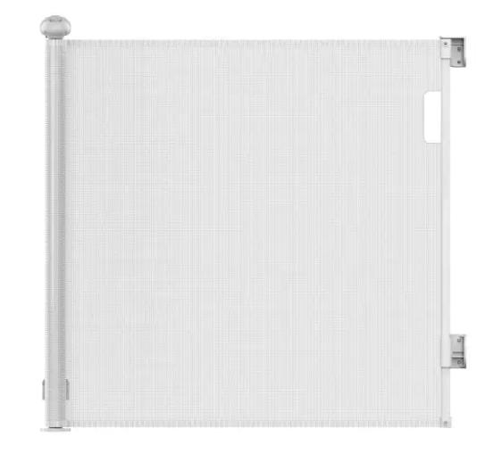 Vulpes Goods® - Porte d'escalier enroulable - 145 x 84 cm - équipée d'une sécurité enfant Push-En-Lock, d'un indicateur de couleur et d'une commande à une main - pour les enfants et les animaux domestiques - plastique blanc et grillage