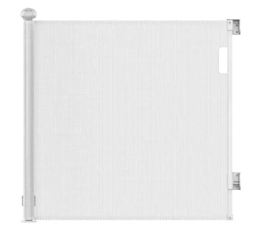 Vulpes Goods® - Porte d'escalier enroulable - 145 x 84 cm - équipée d'une sécurité enfant Push-En-Lock, d'un indicateur de couleur et d'une commande à une main - pour les enfants et les animaux domestiques - plastique blanc et grillage