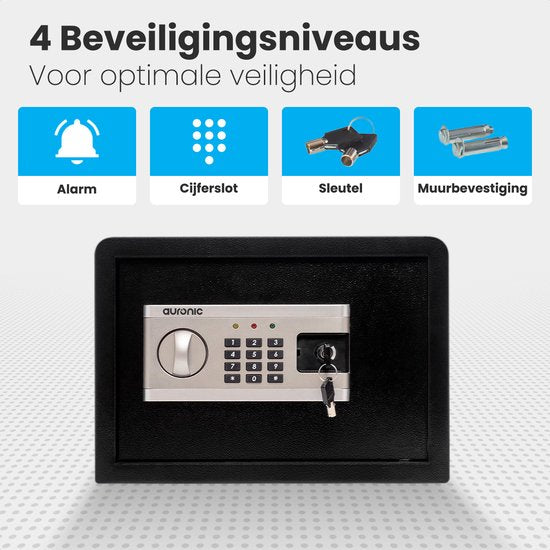 Coffre Électronique Auronic - Serrure à Combinaison - Clé - Fixation Murale - Porte 4,3cm - Alarme 130dB - 28L - 30x38x30cm - 10KG - Acier - Noir
