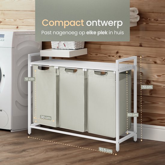 O'DADDY® Laundry Basket 3 Boxes - Trieur de linge extensible avec étagère - 114 Liter - 92,5 x 33 x 71 cm - Pieds réglables - Facile à assembler - Polyvalent et élégant en métal - Blanc