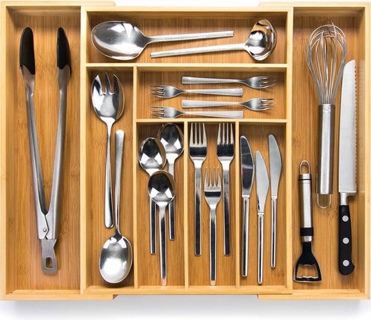 Budu Range-couverts extensible en bambou #43 (43 cm de profondeur) - Cassette à couverts en bois - Tiroir à couverts - 43 x 32.2 - 53 cm - 6/8 compartiments