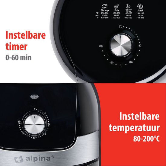 alpina Airfryer 3.5L - Friteuse à air chaud 2 à 3 personnes - Friteuse à air avec température réglable de 80 à 200°C - Four à air chaud Minuteur jusqu'à 60 minutes - 1400W - Noir
