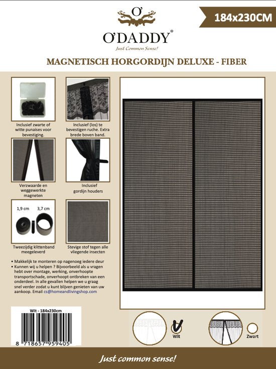 O'DADDY Rideau de porte Deluxe FIBER - Rideau à lames magnétiques - Pour les nouvelles constructions et les portes standard - Installation facile - Blanc Hor - 184x230 cm