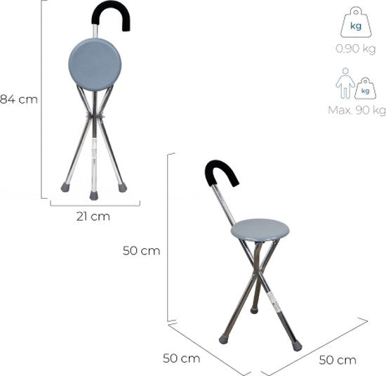 Mobiclinic Gloria - Canne avec siège - Jusqu'à 90 kg - Pliable - Aluminium - Canne tripode - Embouts antidérapants - Canne chaise - Canne orthopédique - Poignée ergonomique - Gris