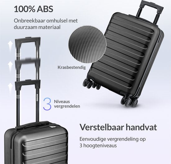 Nohrd Hand Luggage Suitcase - Black - Travel Suitcase with Wheels - 55x35x20 cm - Hand Luggage Trolley Lightweight - Travel Suitcases - Wheeled Trolley - Suitcases