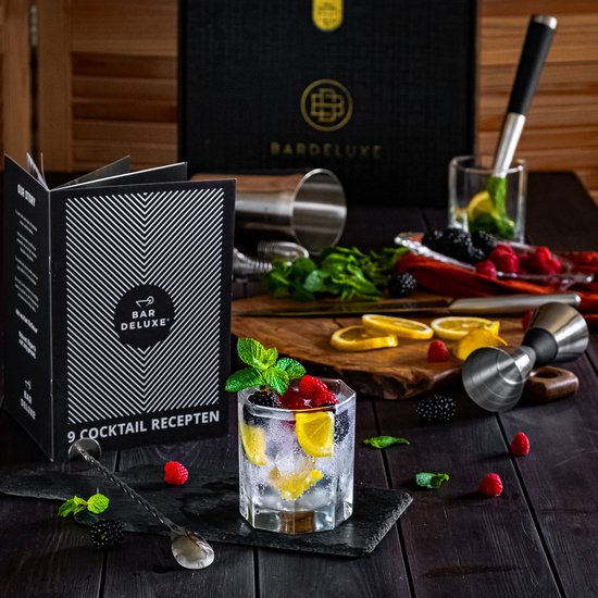 BarDeluxe® Cocktail Shaker Set - 5-Piece Boston Shaker - Cocktail Set with Stamper, Sieve, Bar Spoon & Recipe Book - Includes Luxury Gift Box - Silver