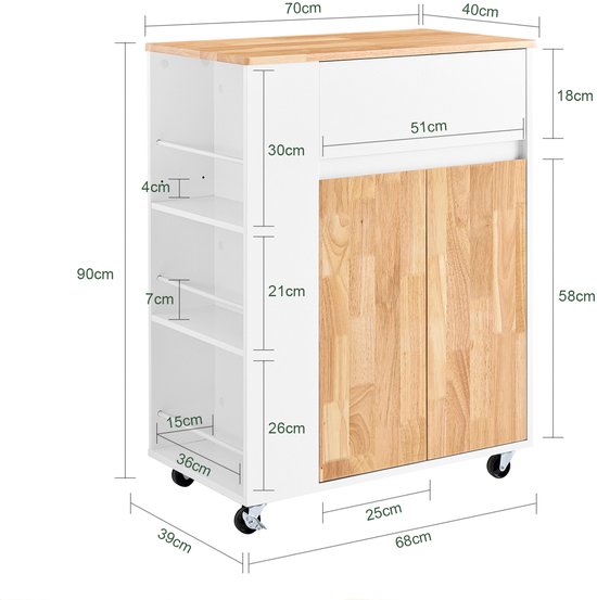 SoBuy Chariot de cuisine à roulettes - Armoire de cuisine avec plan de travail en bois d'hévéa, meuble de cuisine indépendant pour salle à manger et coin café 70 x 40 x 90 cm Blanc FKW132-WN