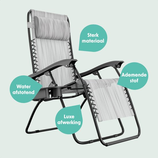 LifeGoods Fauteuil de jardin pliable - Chaise longue de jardin - 30°-90° réglable - Métal - Gris clair