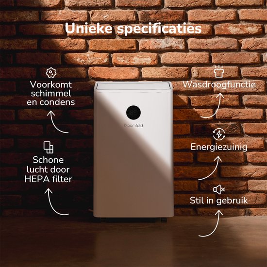 Déshumidificateur et purificateur d'air Bloomfold - 20L par jour - Fonction Lavage-Séchage incluse - Convient au salon, à la chambre à coucher, à la cave et à la salle de bain