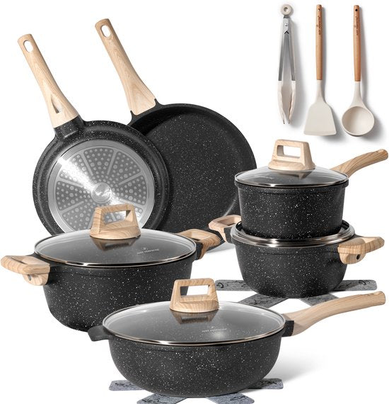 Just Perfecto 15 Piece Induction Cookware Set - Black Cookware Set With Lid For Gas and Induction - PFAS free - Cold grips