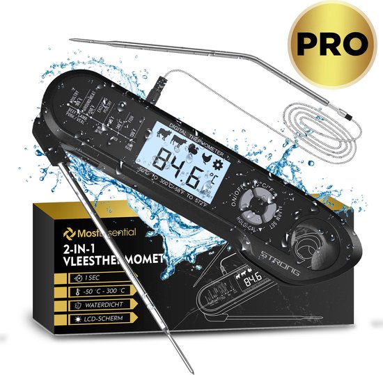 MostEssential 2-in-1 Thermomètre à viande - PRO Edition - Thermomètre BBQ - Thermomètre à cœur - Thermomètre de four - Thermomètre de cuisine - Numérique - Sans fil - Etanche - MODÈLE 2023