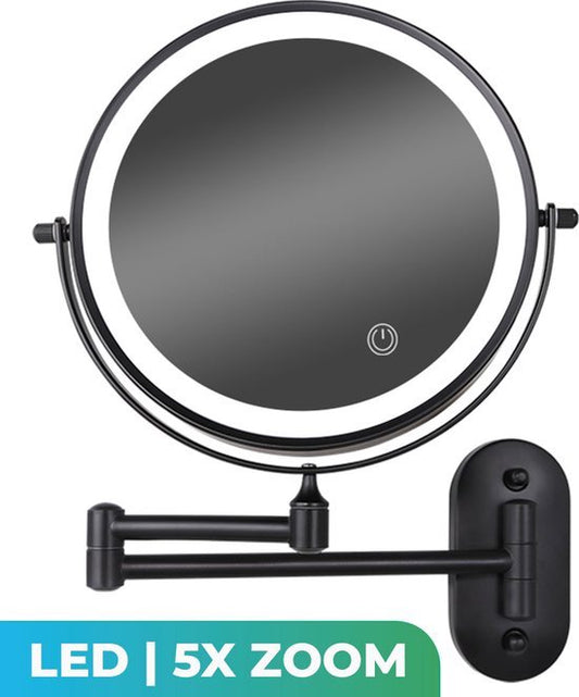 Miroir de maquillage avec éclairage Led - grossissement 5X - Miroir mural rond - Miroir de rasage modèle mural - Salle de bain - Douche - Noir