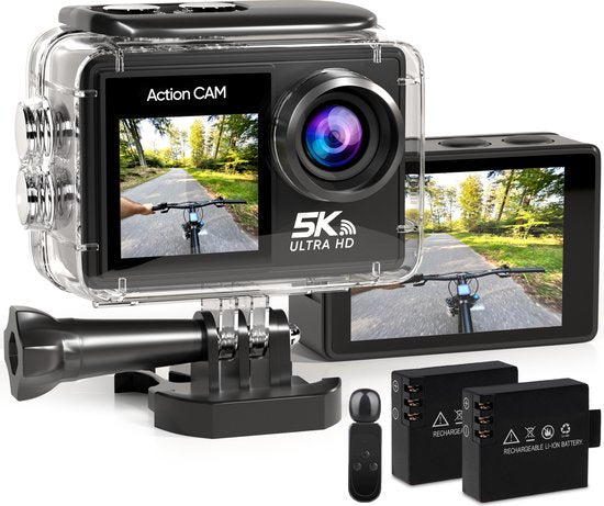 Camera 5K - Strex Action - 50MP, 60FPS - 30M - Waterproof - Écran tactile - Microphone externe - Accessoires inclus - Noir