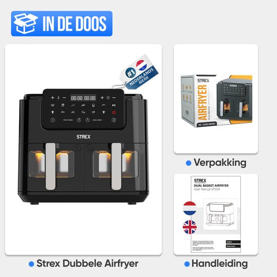 Strex Airfryer XXL - 10L - 2500W - Friteuse à air chaud - Double Airfryer - 50ºC à 200ºC - 10 programmes de cuisson - Noir