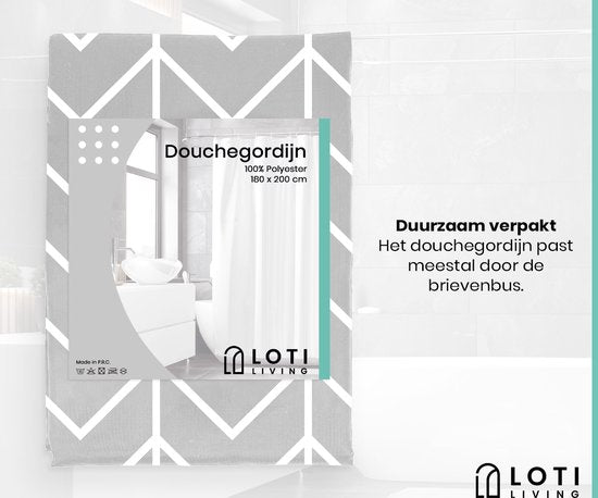 Loti Living Rideau de douche anti-moisissure - Motif gris - Anneaux inclus - Imperméable - Polyester - Rideau de douche 180x200 cm