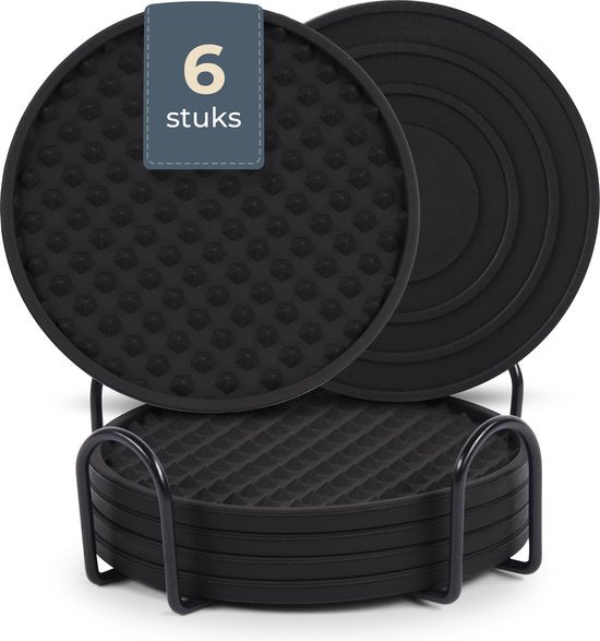 Castagnola Sous-verres en silicone - Sous-verres pour verres - Sous-verres design avec support - Set de sous-verres - Antidérapant - Lot de 6 - Noir