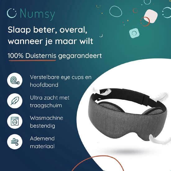 Numsy Sleep Mask Women and Men - Masque de sommeil pour les yeux - 100% dimming - Dark Grey
