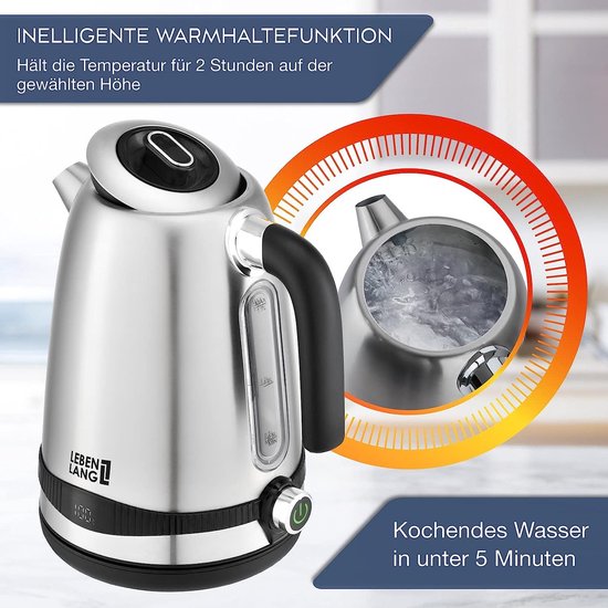 Bouilloire, acier inoxydable, réglage de la température, silencieuse, affichage de la température et fonction maintien au chaud, 1,7 litres & 2200 W, bouilloire électrique, bouilloire en acier inoxydable, rétro, sans plastique