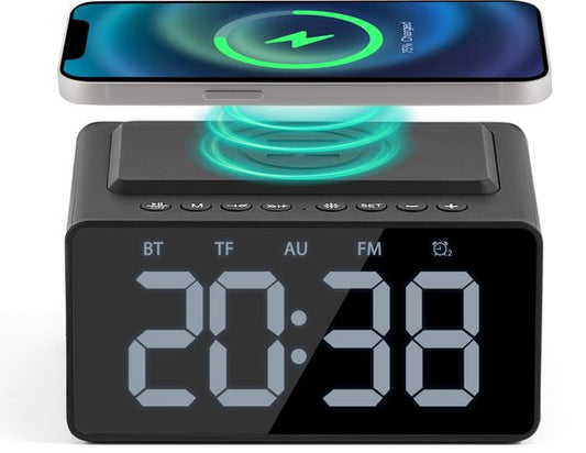 Réveil numérique - avec radio, Bluetooth et chargeur sans fil - Réveil radio - Fonction Snooze - Noir - by Faas